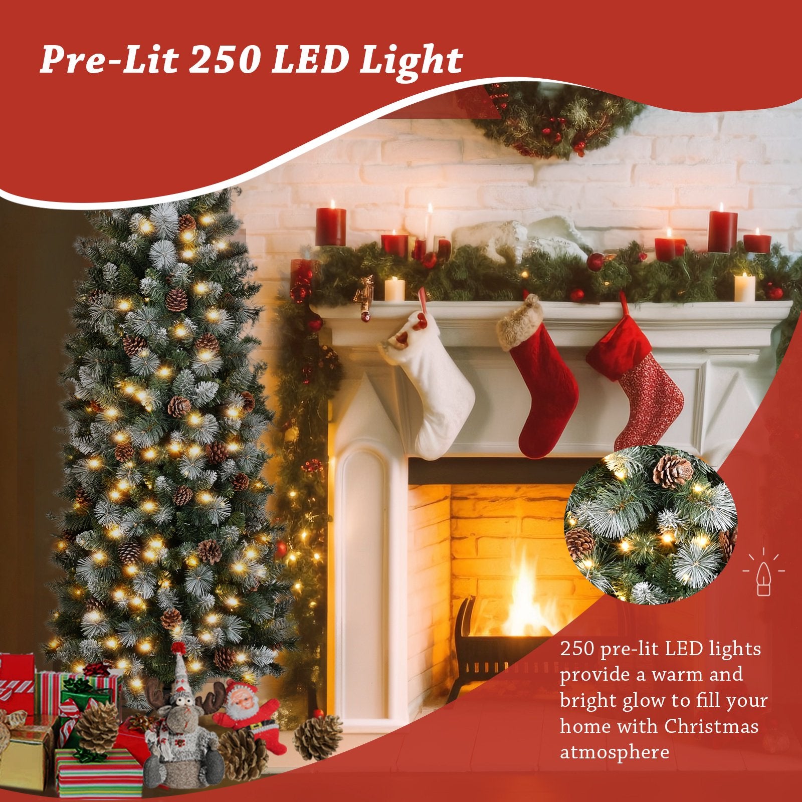 Pre-lit Christmas Tree with 250 Warm LED Lights, iCapeson 6ft Pencil Artificial with Partially Flocked & Frosted Slim Holiday Tree Decoration, 37 Pine Cones, 595 Branch Tips, Metal Stand