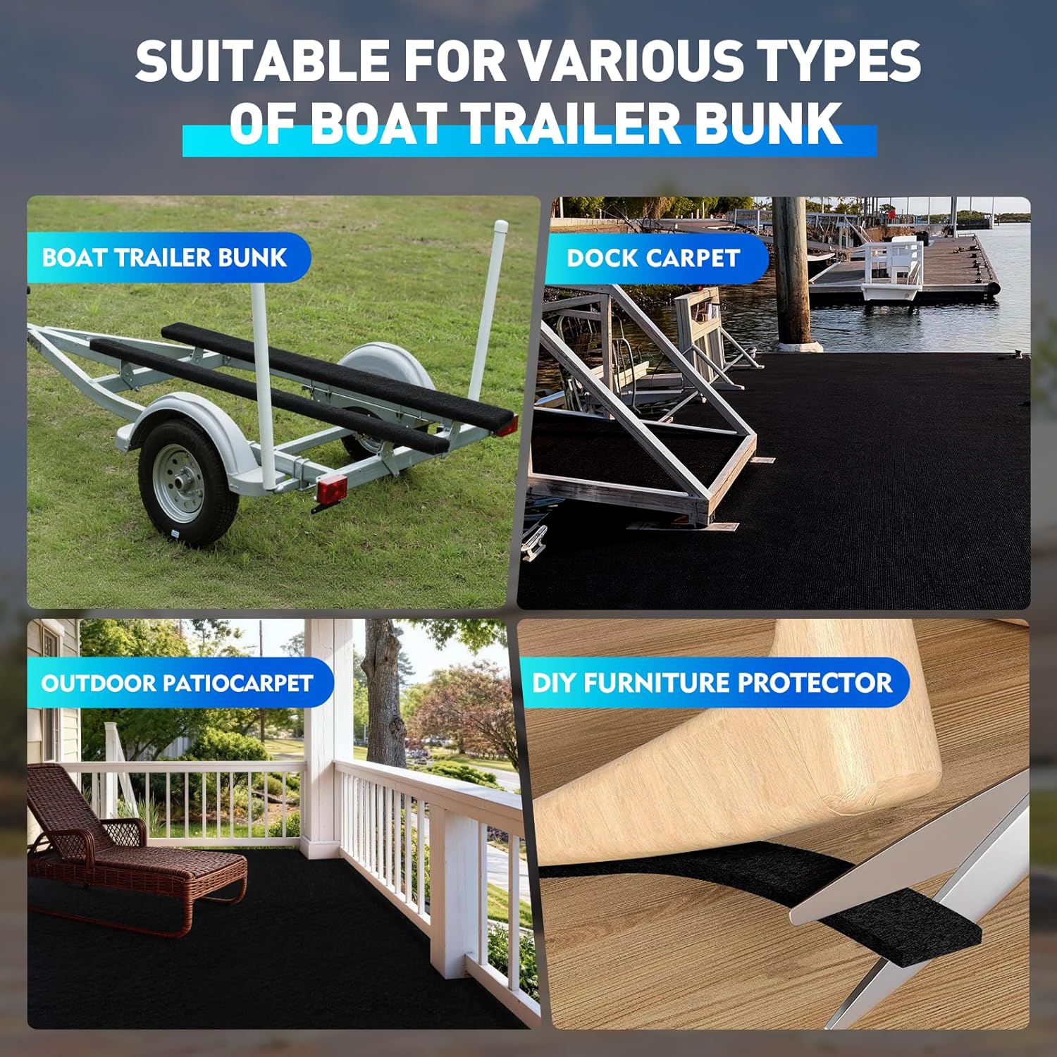 Boat Trailer Bunk Carpet, 8mm Waterproof Trailer Boat Bunk Carpet Replacement for Bunk Boards, Boat Lift & Runners, Durable Black Marine Carpet Roll,12" x164ft DIY Easy Installation