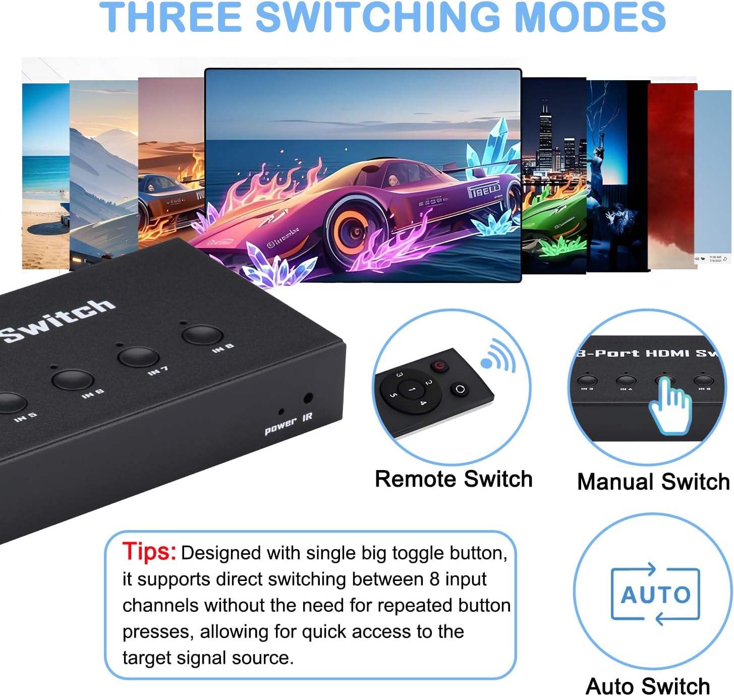 HDMI 1.4 Switch, 4K@30Hz HDMI Switcher 8 in 1 Out with IR Remote, 8 Port HDMI Selector Box Support HDMI 1.4, suitable for computers, notebooks, HD-DVD, SKY-STB, PS3/4/5, Xbox 360 and other devices-EX48-A-0-BK(OZQ8-1)