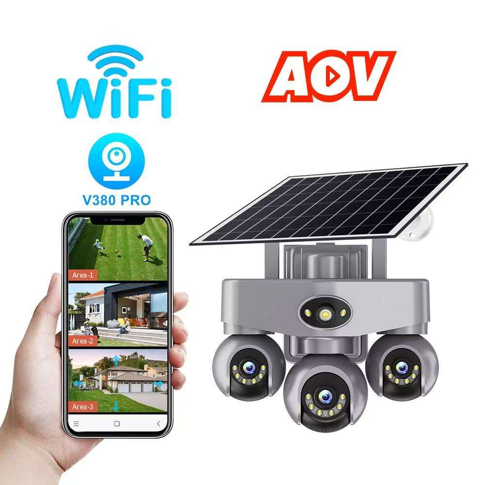 AOV 6MP 3 Lens PTZ AI Solar Powered CCTV Camera - 360° Outdoor WiFi Security Camera with 2-Way Audio, Motion Detection, and Solar Panel for Continuous Surveillance