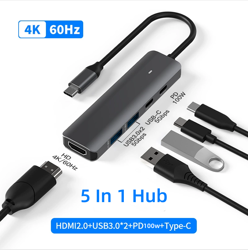 USB-C Hub, DockteckExpand USB-C to USB Adapter (5 in 1) with 4K HDMI, 100W Power Delivery, 5Gbps USB-C Data Port & 2 5Gbps USB-A Data Ports for MacBook Pro/Air, iPad Pro/Air, Dell XPS and More-UH05-17-A