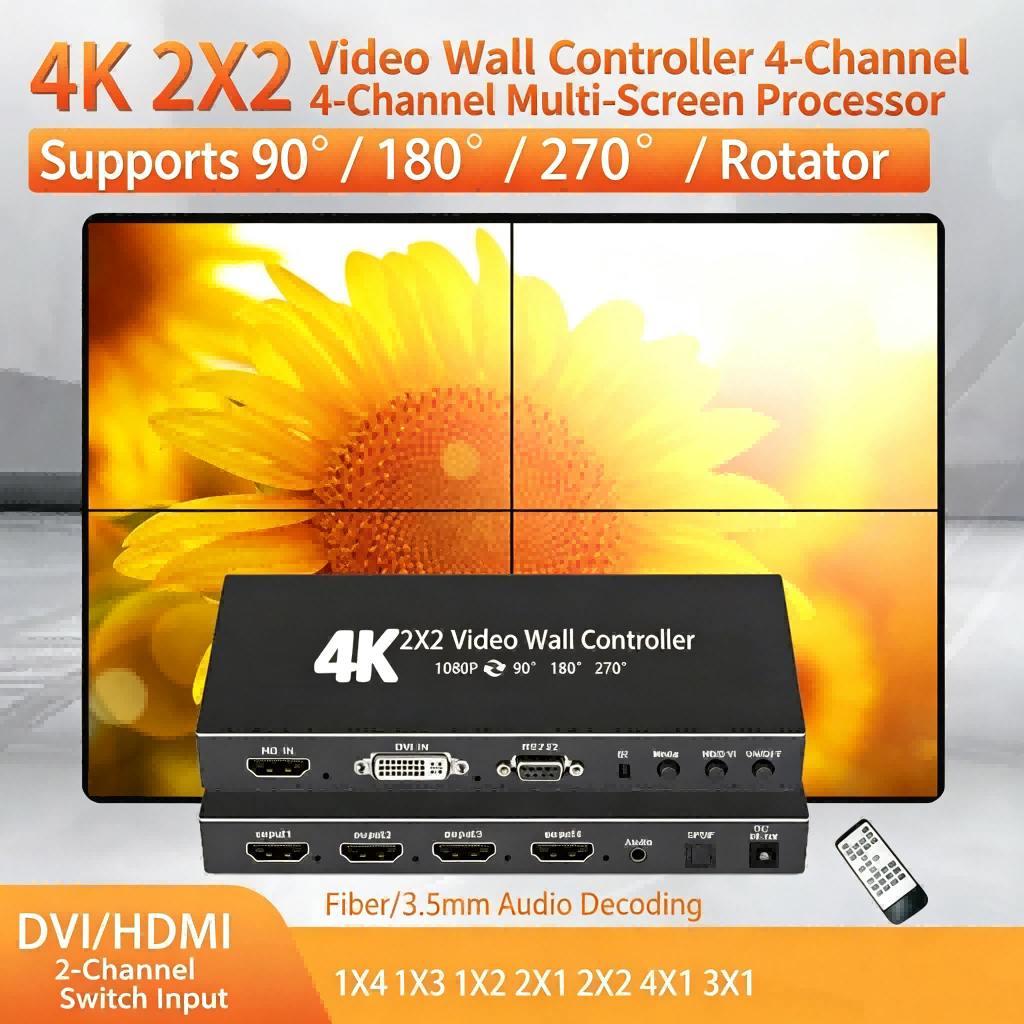 Video Wall Controller, 4K x 2K HD Seamless Splicing Professional Processor with HDMI+DVI+RS232 Input, 4 Way HDMI & SPDIF Output 180 Degree Rotate TV Wall Display 2x2, 1x2, 1x3, 1x4, 2x1, 3x1, 4x1-(EX49-A-0-BK)