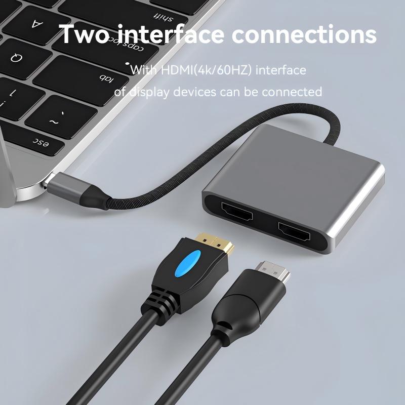 USB C to Dual HDMI Adapter 4K60Hz Dual 4K30Hz Type C Laptops | Dual extended screens for Windows; Intel Mac dual display, M-series Mac only mirror, compact portable design