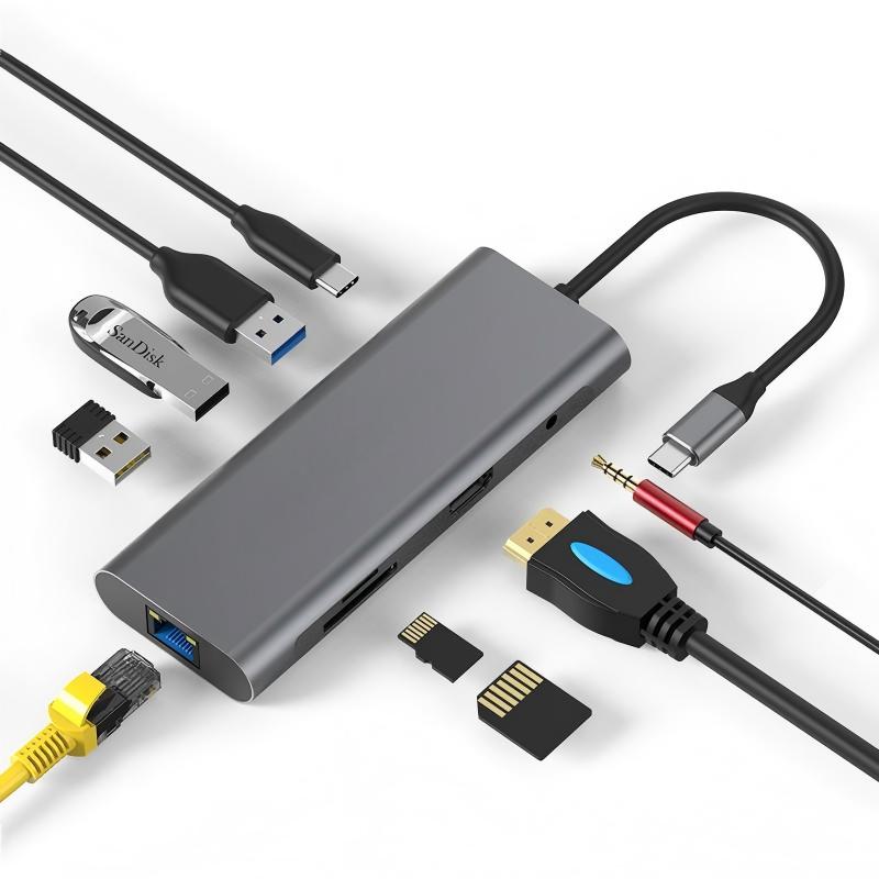 USB-C 9 in 1 USB C Hub Adapter Docking Station, 1000Mbps Ethernet LAN Port, 3.5mm Aux,3X USB 3.0, TF+SD Card Reader Compatible with Laptops Tablets and USB C Devices