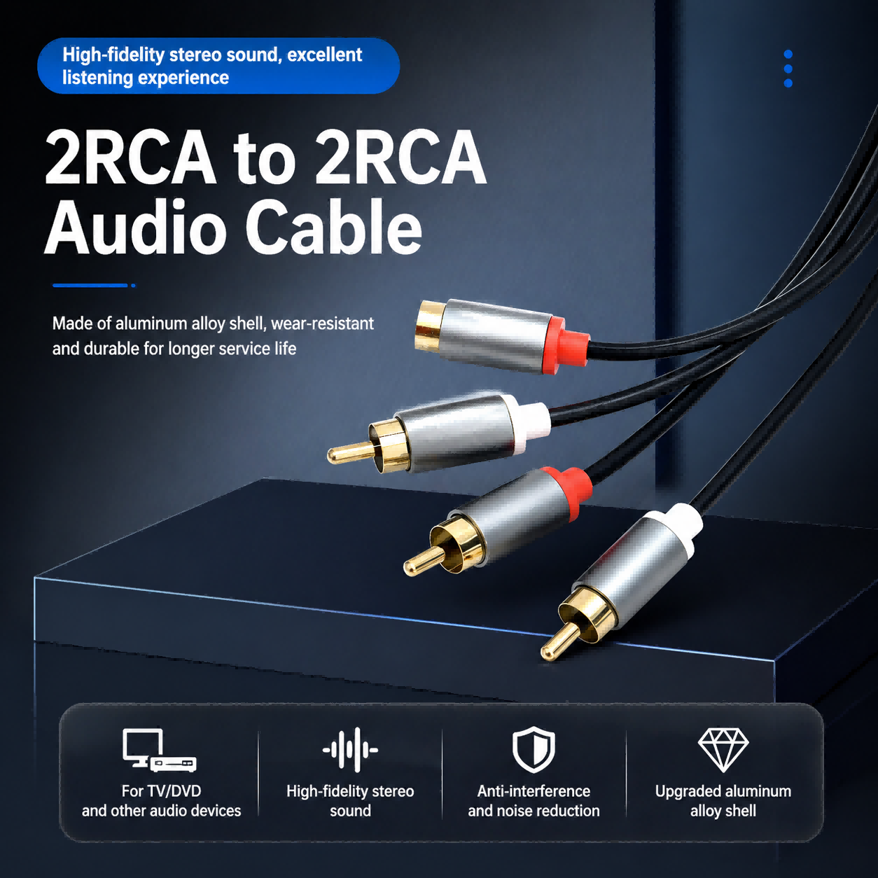QGeeM 2RCA Cable, 2RCA Male to 2RCA Male Stereo Audio Cable-AU12-B(C)