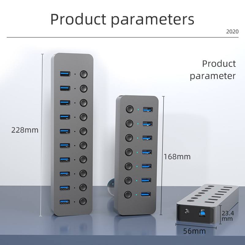 10 Port USB 3.0 Hub, 36W(12V 3A) Aluminum Alloy Multi Port Adapter with Individual Switches and LED Indicators, for Computers Laptops Keyboards Hard Drives-HU101/HU701