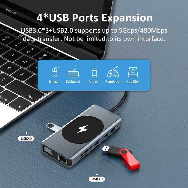 13-in-1 USB-C Docking Station with 4K HDMI, Wireless Phone Charger, for MacBook Pro/Air, Dell, Lenovo, HP - Including VGA, SD/Micro SD/TF Card Reader, Ethernet, USB-C PD,SUB 3.0 & USB 2.0, Audio Jack