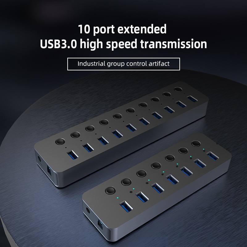 10 Port USB 3.0 Hub, 36W(12V 3A) Aluminum Alloy Multi Port Adapter with Individual Switches and LED Indicators, for Computers Laptops Keyboards Hard Drives-HU101/HU701