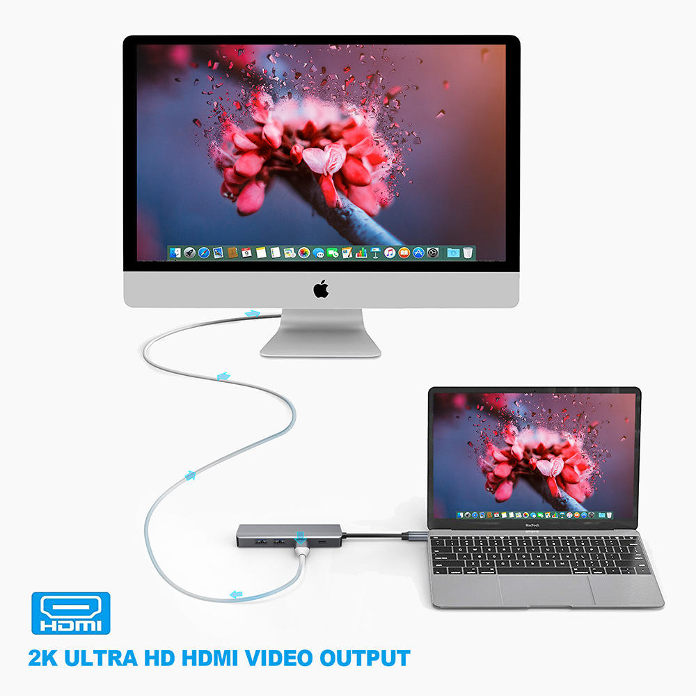 QGeeM USB C Hub 5 in 1 MultiPort to 2K HDMI Adapter USB3.0*2  5GB Transmission Rate RJ45 1000Mbps Gigabit Ethernet Suitable for Laptops.