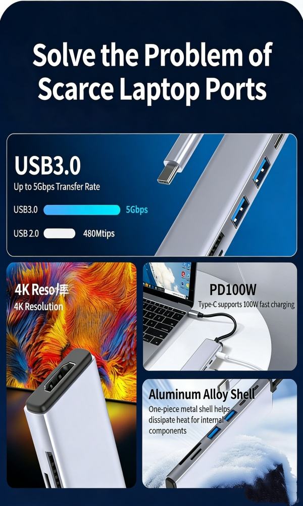 USB C 4K HDMI Hub, 7 in 1 USB C Adapter with HDMI, USB C, USB 3.0, 100W PD, SD/TF Card Reader, USB C Docking Station Compatible with Thunderbolt 3, MacBook Pro/Air, Windows-UH07-100(X067)