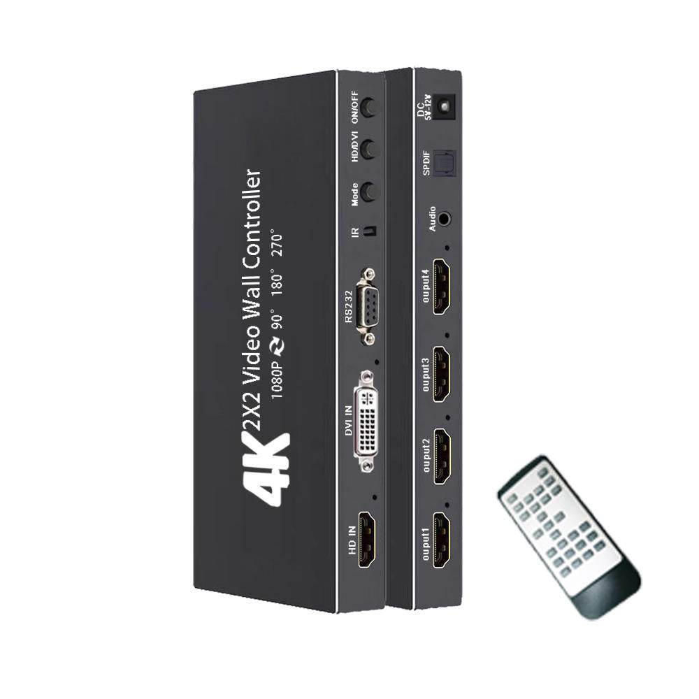 Video Wall Controller, 4K x 2K HD Seamless Splicing Professional Processor with HDMI+DVI+RS232 Input, 4 Way HDMI & SPDIF Output 180 Degree Rotate TV Wall Display 2x2, 1x2, 1x3, 1x4, 2x1, 3x1, 4x1-(EX49-A-0-BK)