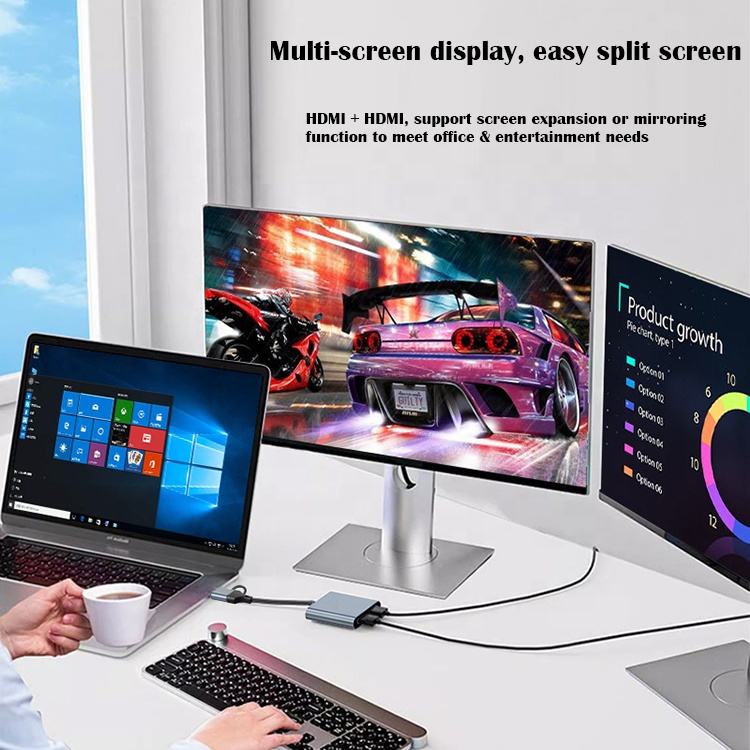 USB 3.0/USB-C to Dual HDMI Adapter （2 in 1）,USB 3.0 Hub with HDMI 1080P@60HZ for Laptop Monitor Desktop TV, Compatible with Mac OS, Windows-UH02AC(UH02)
