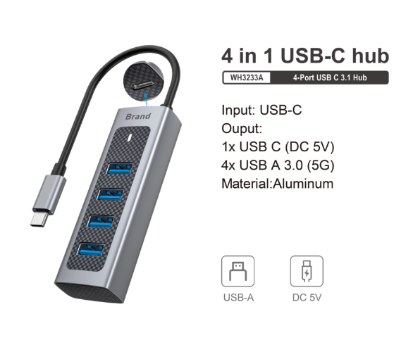 QGEEM USB-C3.1 HUB With 4xUSB-A 3.0 5Gbps High Speed Data Transfer 1xUSB-C DC 5V Power Port for Printer Keyboard PS5