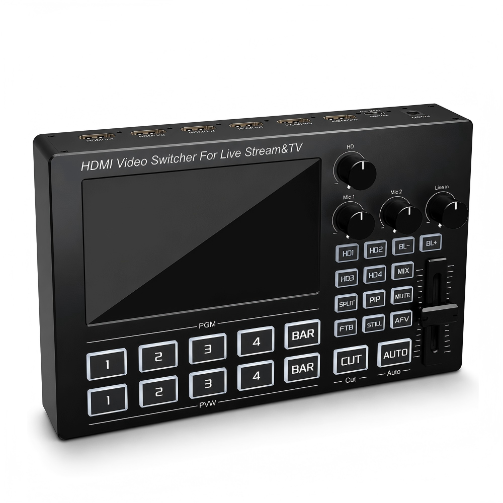Professional 4 Port HDMI Switcher for Live Streaming Built-in 5-inch Screen 4 HDMI Input to 2 Output 1920X1080@60Hz and Support HDCP1.4 Standard