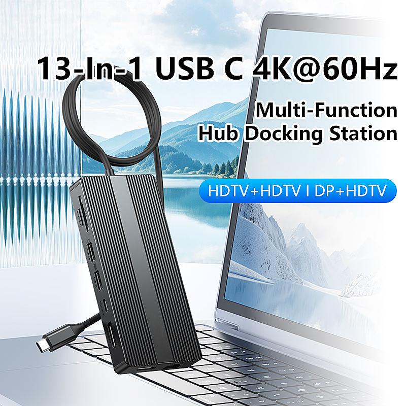 USB C Hub Docking Station Dual Monitor 2*HDMI 4K@60HZ,13 in 1 Laptop Docking Station 2 Monitor with 3*USB C(10Gbps) ,2*USB A(5Ggbps)1*USB-A(480Mbps)，Ethernet(1000M ),PD 100W,SD/TF3.0 for Dell/HP/Lenovo