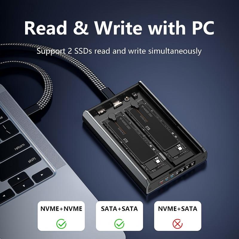 20Gbps M2 NVME SATA Array SSD Enclosure External RAID SATA NVME M.2 SSD Enclosure for NVME SATA M.2 2230 2242 2260 2280 SSDs Support System:Windows/Linux/Mac OS/Android-DB280A3
