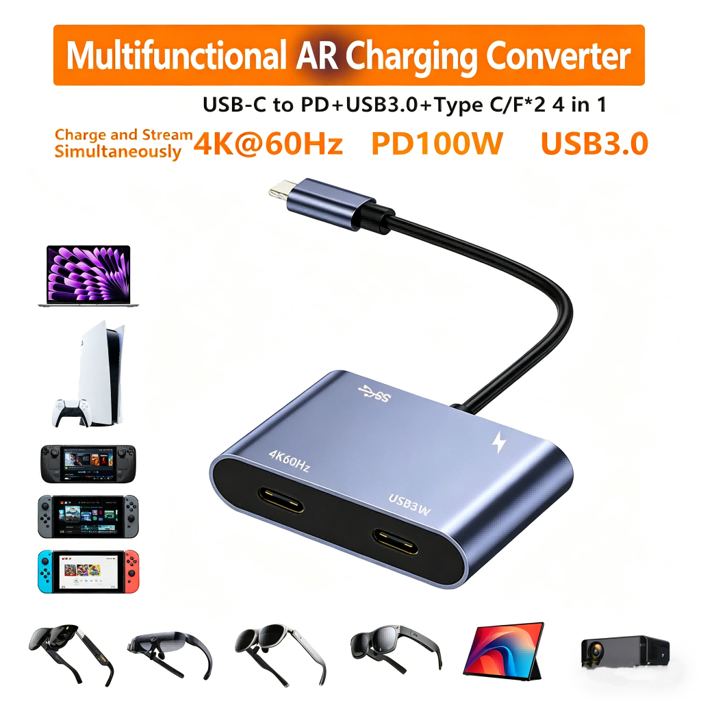 4 in 1 USB C to HDMI Adapter 4K@60Hz with 100W PD Charging, Type C to HD-MI Converter with 2 HDMI, PD, USB, USB C Hub Extended Display Compatible Thunderbolt 3
