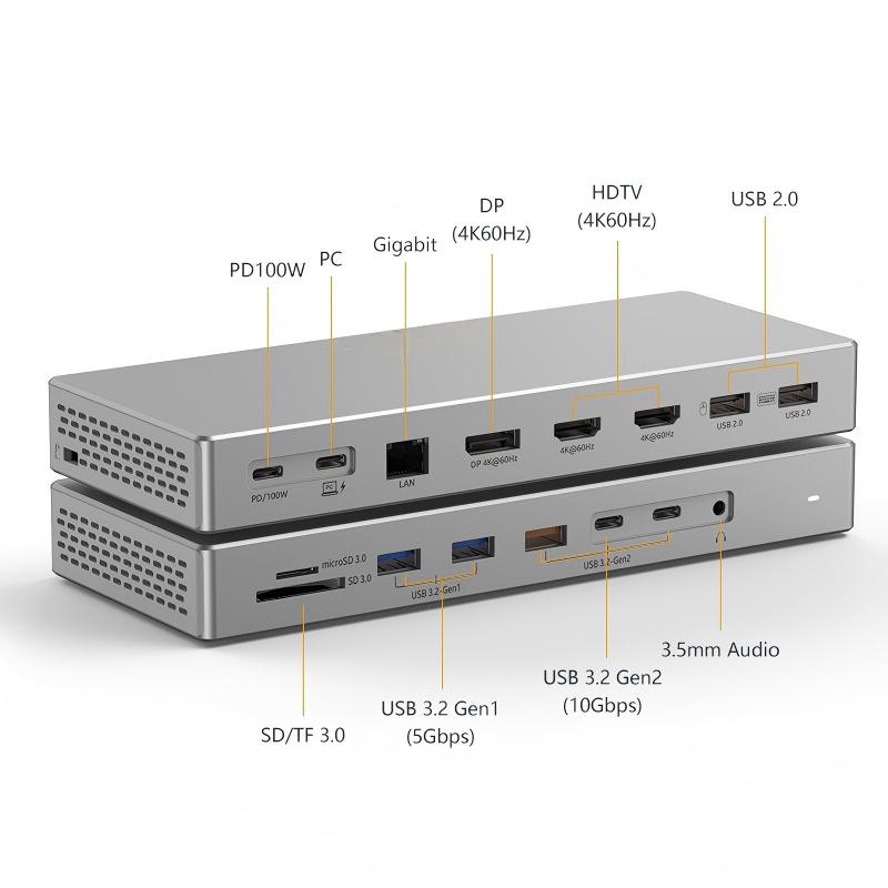 16-in-1 Type-C Docking Station with USB2.0 USB3.2 PD100W DP/HD Gigabit Port 3.5mm Audio SD&TF3.0 PC Multiports Splitter Adapter for Macos&Windows-HD1601/HP1601