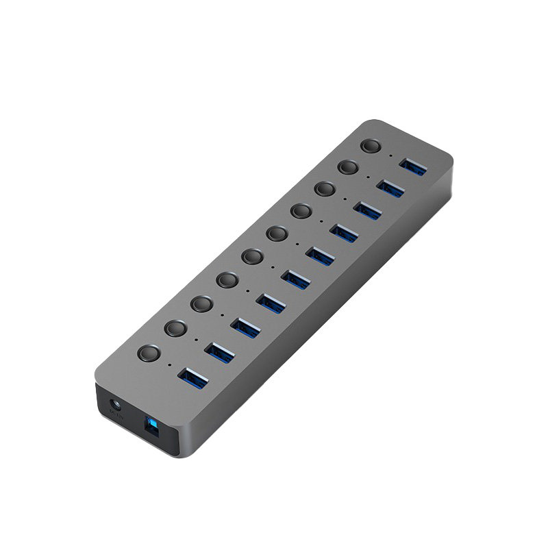 10 Port USB 3.0 Hub, 36W(12V 3A) Aluminum Alloy Multi Port Adapter with Individual Switches and LED Indicators, for Computers Laptops Keyboards Hard Drives-HU101/HU701