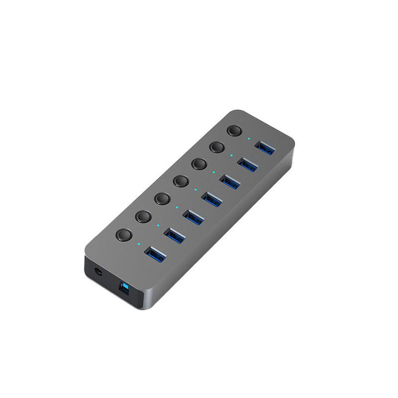 10 Port USB 3.0 Hub, 36W(12V 3A) Aluminum Alloy Multi Port Adapter with Individual Switches and LED Indicators, for Computers Laptops Keyboards Hard Drives-HU101/HU701