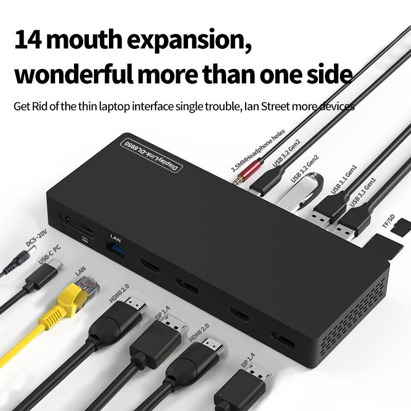14-In-1 Displaylink MST Docking Station Dual Monitor Support M1/M2, PD100W, 10Gbps USB3.2 Gen2,Ethernet 1000Mbps,3.5MM Audio, SD+TF 3.0 Card Reader,4K@60Hz HDMI Displayport DP Laptop USB-C Hub for Mac and Windows--HU1401