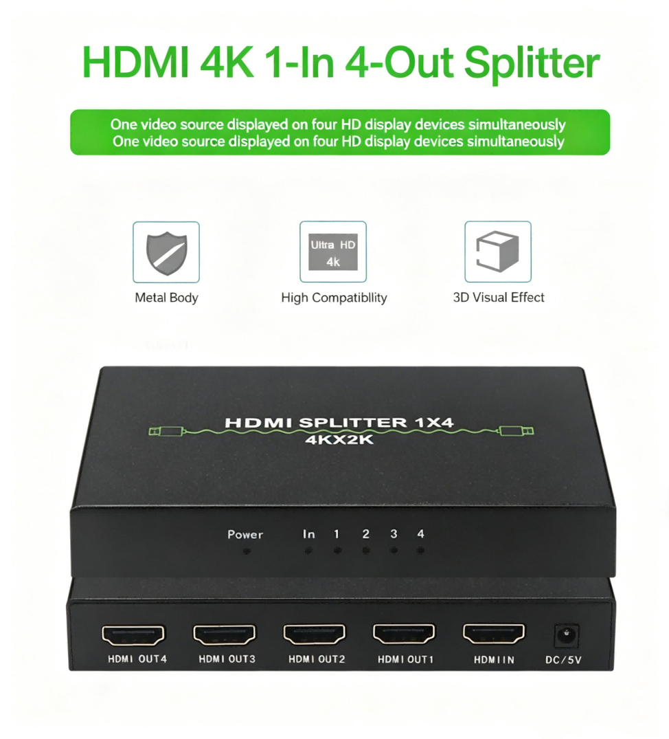 4K 1x2 HDMI Splitter1 in 2 Out, 2 Port Powered hdmi Splitters 4K@30Hz Dual Monitors Duplicate/Mirror (Not Extend) for PS4 /HDTV/Projector-HDXH2