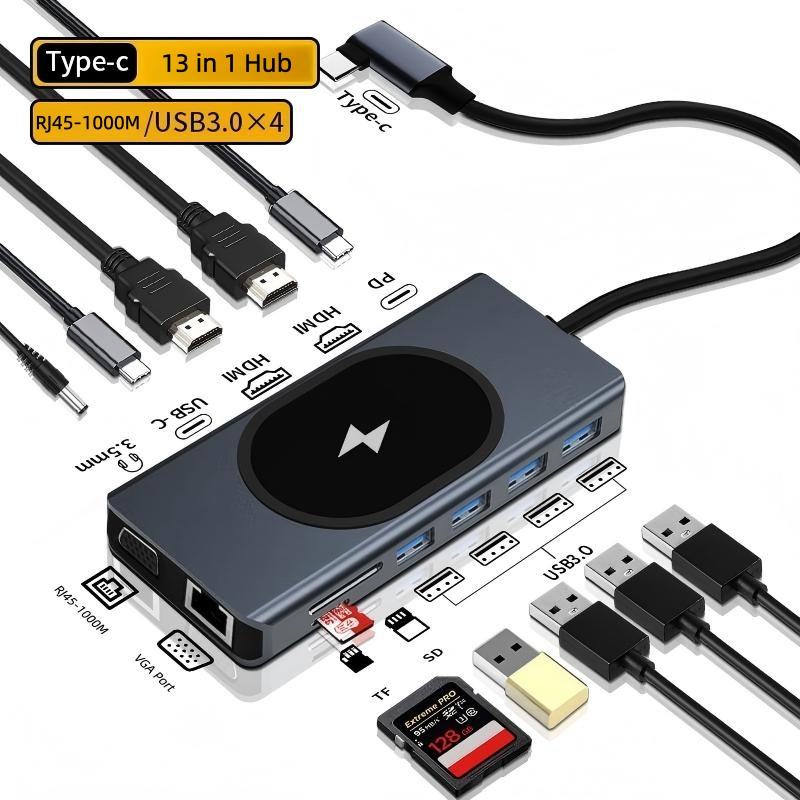 13-in-1 USB-C Docking Station with 4K HDMI, Wireless Phone Charger, for MacBook Pro/Air, Dell, Lenovo, HP - Including VGA, SD/Micro SD/TF Card Reader, Ethernet, USB-C PD,SUB 3.0 & USB 2.0, Audio Jack