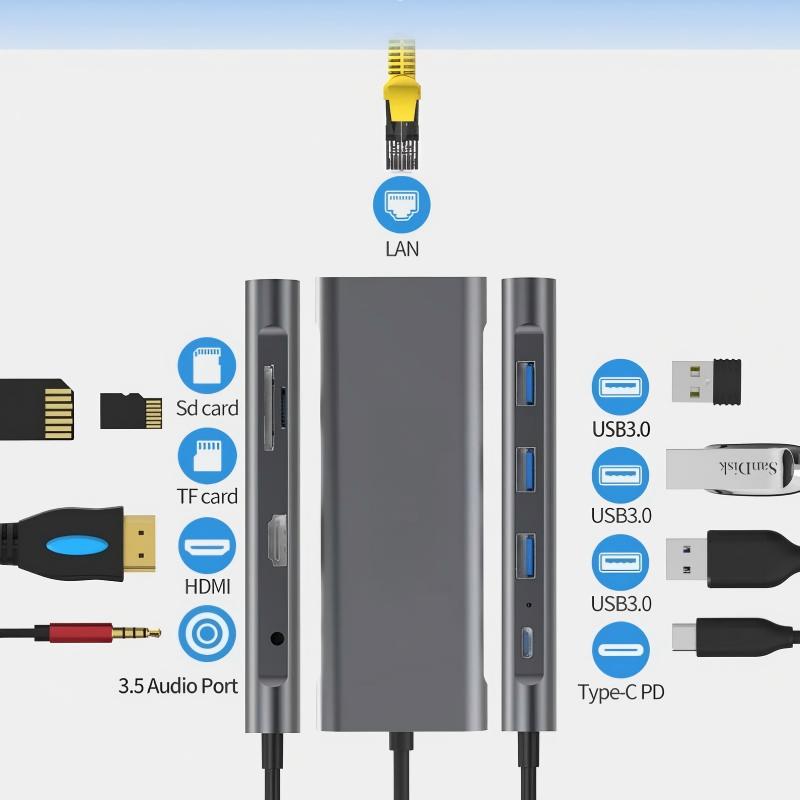 USB-C 9 in 1 USB C Hub Adapter Docking Station, 1000Mbps Ethernet LAN Port, 3.5mm Aux,3X USB 3.0, TF+SD Card Reader Compatible with Laptops Tablets and USB C Devices