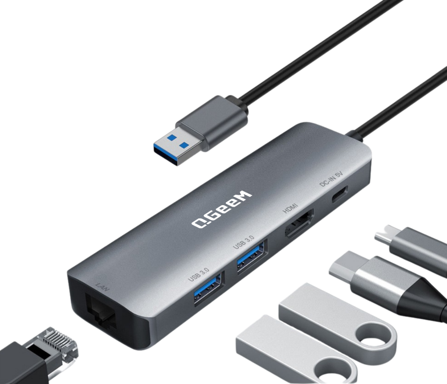 QGeeM USB C Hub 5 in 1 MultiPort to 2K HDMI Adapter USB3.0*2  5GB Transmission Rate RJ45 1000Mbps Gigabit Ethernet Suitable for Laptops.