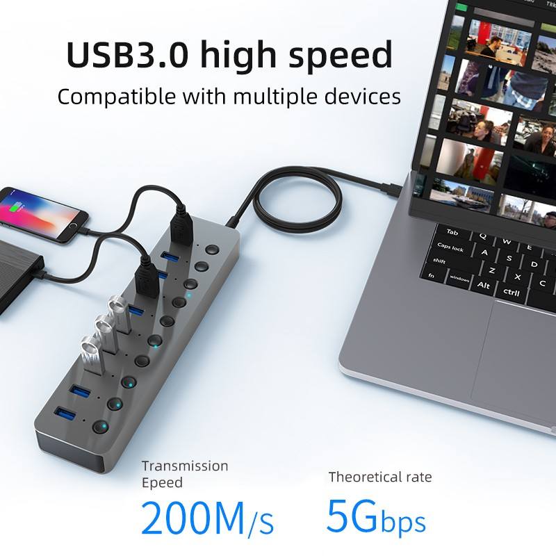 10 Port USB 3.0 Hub, 36W(12V 3A) Aluminum Alloy Multi Port Adapter with Individual Switches and LED Indicators, for Computers Laptops Keyboards Hard Drives-HU101/HU701