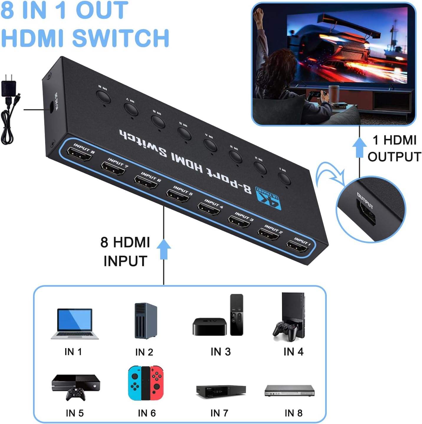 HDMI 1.4 Switch, 4K@30Hz HDMI Switcher 8 in 1 Out with IR Remote, 8 Port HDMI Selector Box Support HDMI 1.4, suitable for computers, notebooks, HD-DVD, SKY-STB, PS3/4/5, Xbox 360 and other devices-EX48-A-0-BK(OZQ8-1)