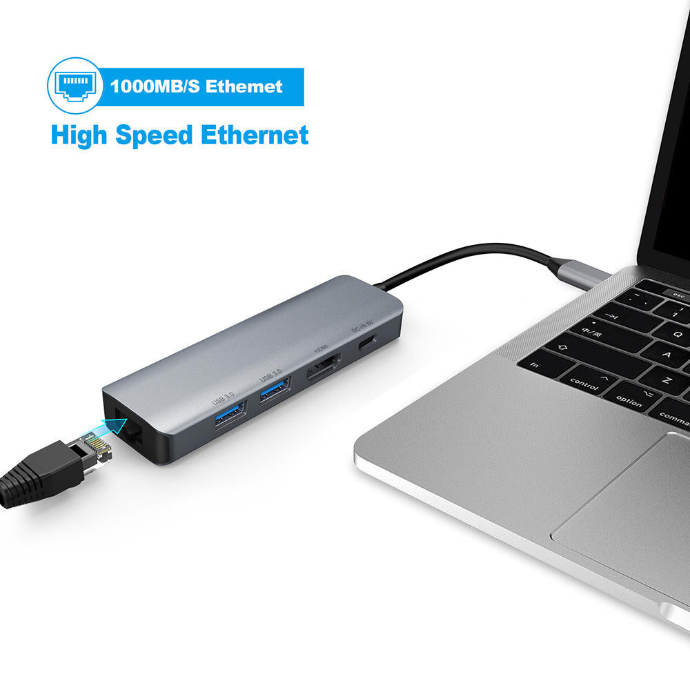 QGeeM USB C Hub 5 in 1 MultiPort to 2K HDMI Adapter USB3.0*2  5GB Transmission Rate RJ45 1000Mbps Gigabit Ethernet Suitable for Laptops.