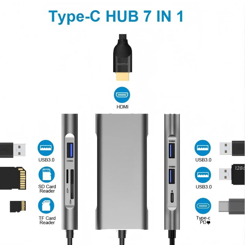 7 In 1 USB C Multifunction Docking Station Hub (USB 3.0x3+PD Port+SD Card+TF Card+HDMI 4K)with HDTV PD USB C Adapter Dock Station for Macbook Pro
