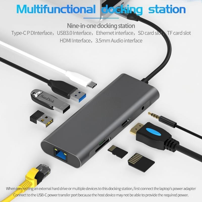 USB-C 9 in 1 USB C Hub Adapter Docking Station, 1000Mbps Ethernet LAN Port, 3.5mm Aux,3X USB 3.0, TF+SD Card Reader Compatible with Laptops Tablets and USB C Devices