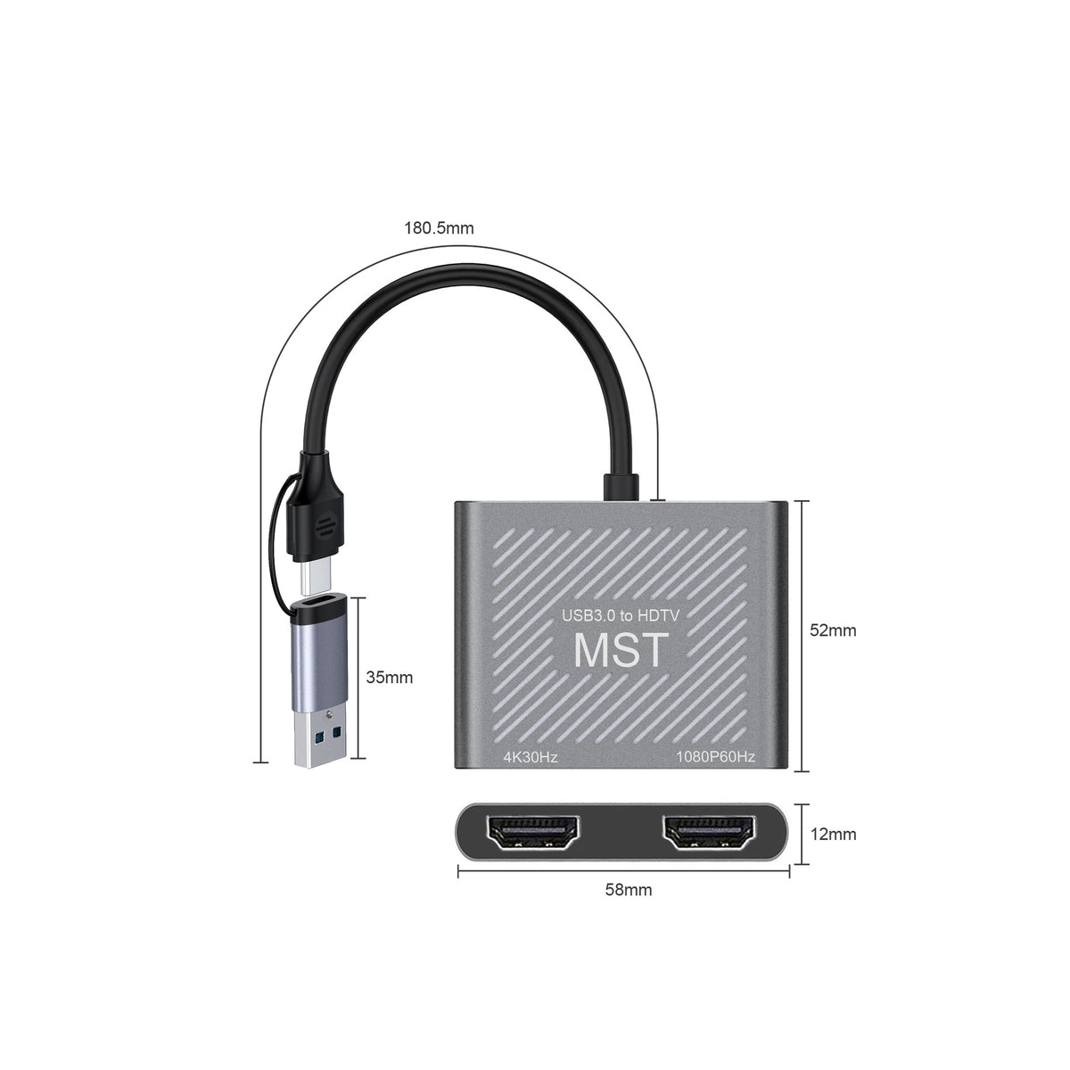 2 in 1 USB-A/C to Dual HDMI Adapter,1*4K@30Hz,1*1080P@60Hz HDMI Splitter Extended Display with Driver Support Mac OS/Windows HDMI Splitter for Dual Monitors MST Dual HDMI Adapter for 2 Monitors for MacBook/Dell/HP-UH02AC-1(UH02A-1))