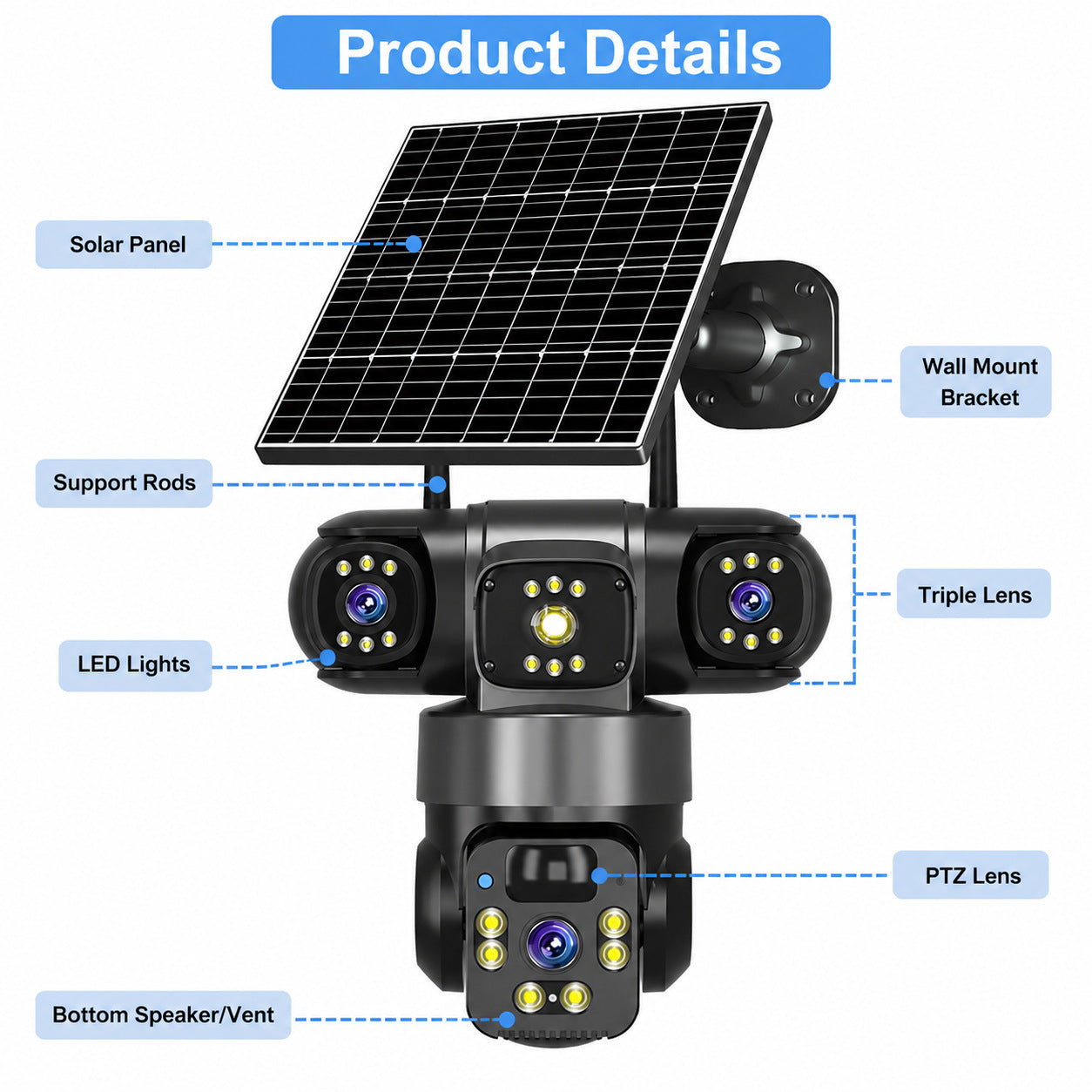6MP Zoom Three Lens Dual Screen Solar Camera Outdoor 2K 4G WiFi PTZ 2-Way Talk Human Auto Tracking Security Camera V380Pro(Gray)--P0096-1-V1-S1