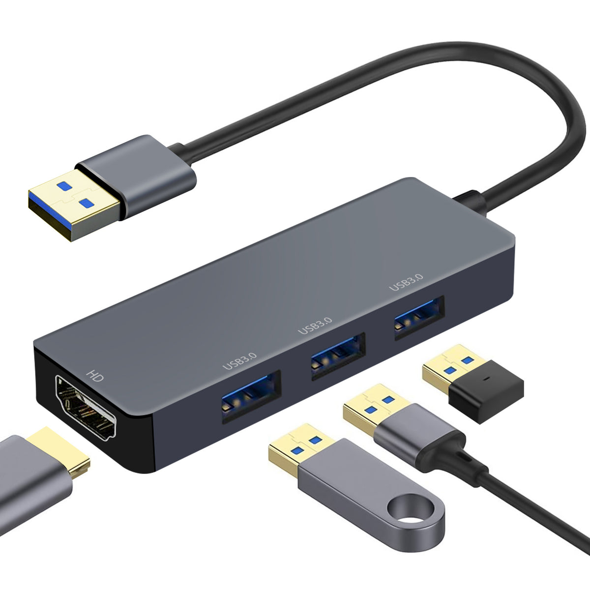 USB 3.0 to HDMI Adapter (4-in-1), USB 3.0 Hub with HDMI 1080P, 3*USB3.0,USB Extender Docking Station for Monitor, PC, Laptop, Desktop Support Windows 7/8/10 & Mac OS-UH04