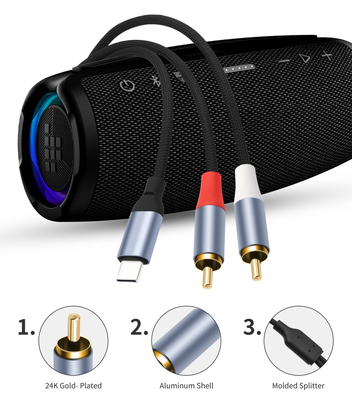 USB C to 2RCA Braided Audio Cable，USB C to 2 Male 24-bit/96 kHz Y RCA Audio Splitter Cord Adapter for iPad, Phone, Laptop, Tablet, Galaxy, Pixel, Home Theater, DVD, Amplifier, Speaker, Car Stereo