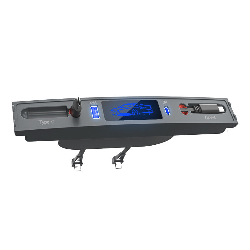 New Upgraded Docking Station with 2 Retractable Charging Cables, Support 27W PD Fast Charging, Car USB Hub Charger Multi Port for 2021 2022 2023 Tesla Model 3/Y, LED Lighting (PD+Type C)