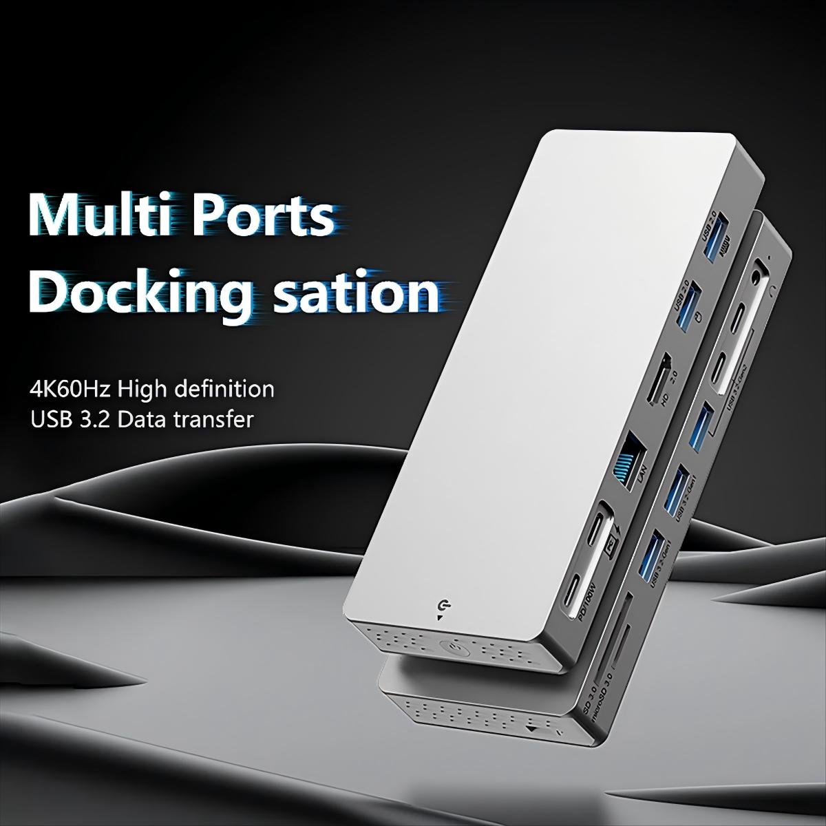 14 in 1 Type C Hub Docking Station with 4K 60Hz HDMI  1000M RJ45 Adapter 10Gbps USB 3.2 Hub SD TF Reader 3.5mm Audio PD100W Compatible with Laptop-HC1406