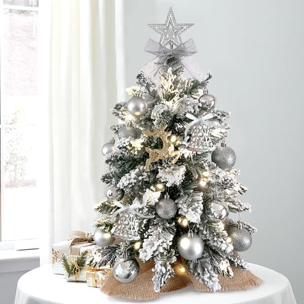 55cm Pre-lit Mini Christmas Tree with Lights for Tabletop Artificial Christmas Tree with Flocked Snow, Exquisite Decor & Xmas Decorations for Home & Office Decor