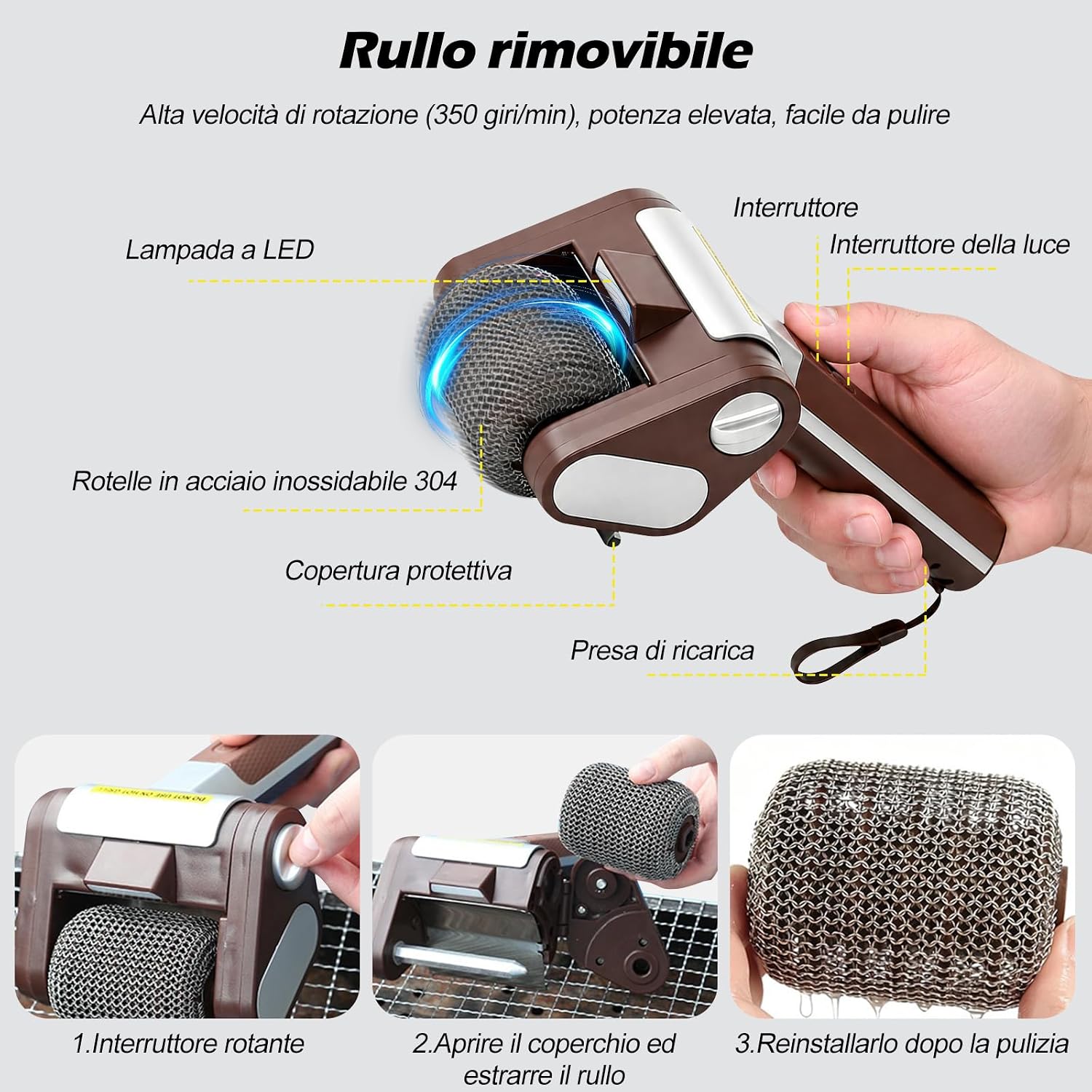 Rechargeable LED Light Roller Grill Brush 304 Food Grade Stainless Steel No Bristles BBQ Accessories