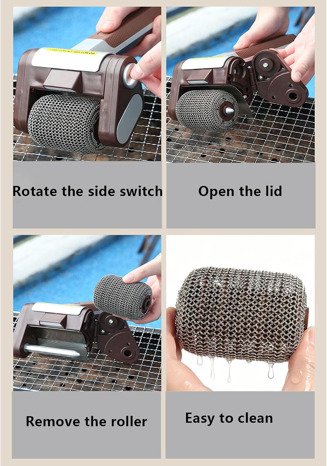 Rechargeable LED Light Roller Grill Brush 304 Food Grade Stainless Steel No Bristles BBQ Accessories