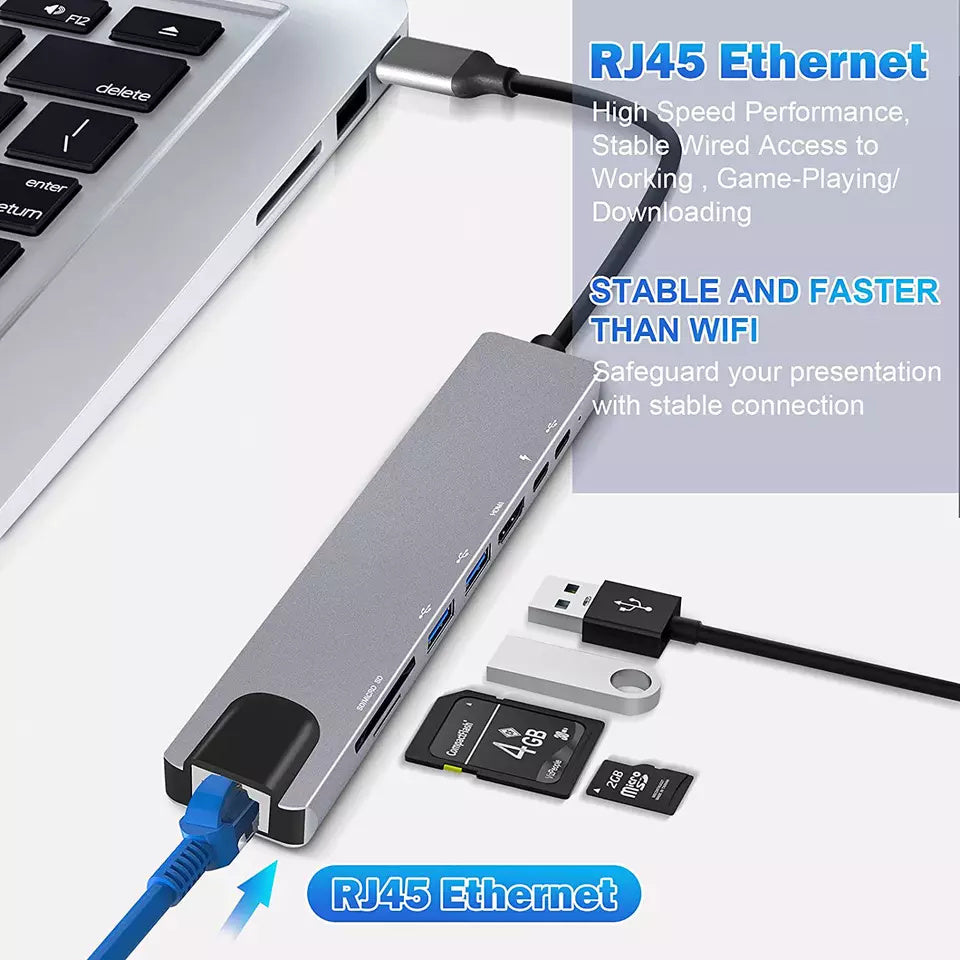 USB C HUB, 8 in 1 USB C Adapter with 4K HDMI,100W PD, USB C Port, USB 3.0,RJ45 Ethernet, SD/TF Card Reader, Docking Station Compatible with MacBook Pro/Air USB C Laptops and Other TypeC Devices-UH08-24