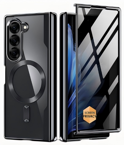 QGeeM for Galaxy Z Fold 7 Case, Compatible with MagSafe, Built-in Screen Protector & Hinge Protection, Clear Plating Design Full-Body Slim Shockproof Phone Case, Black