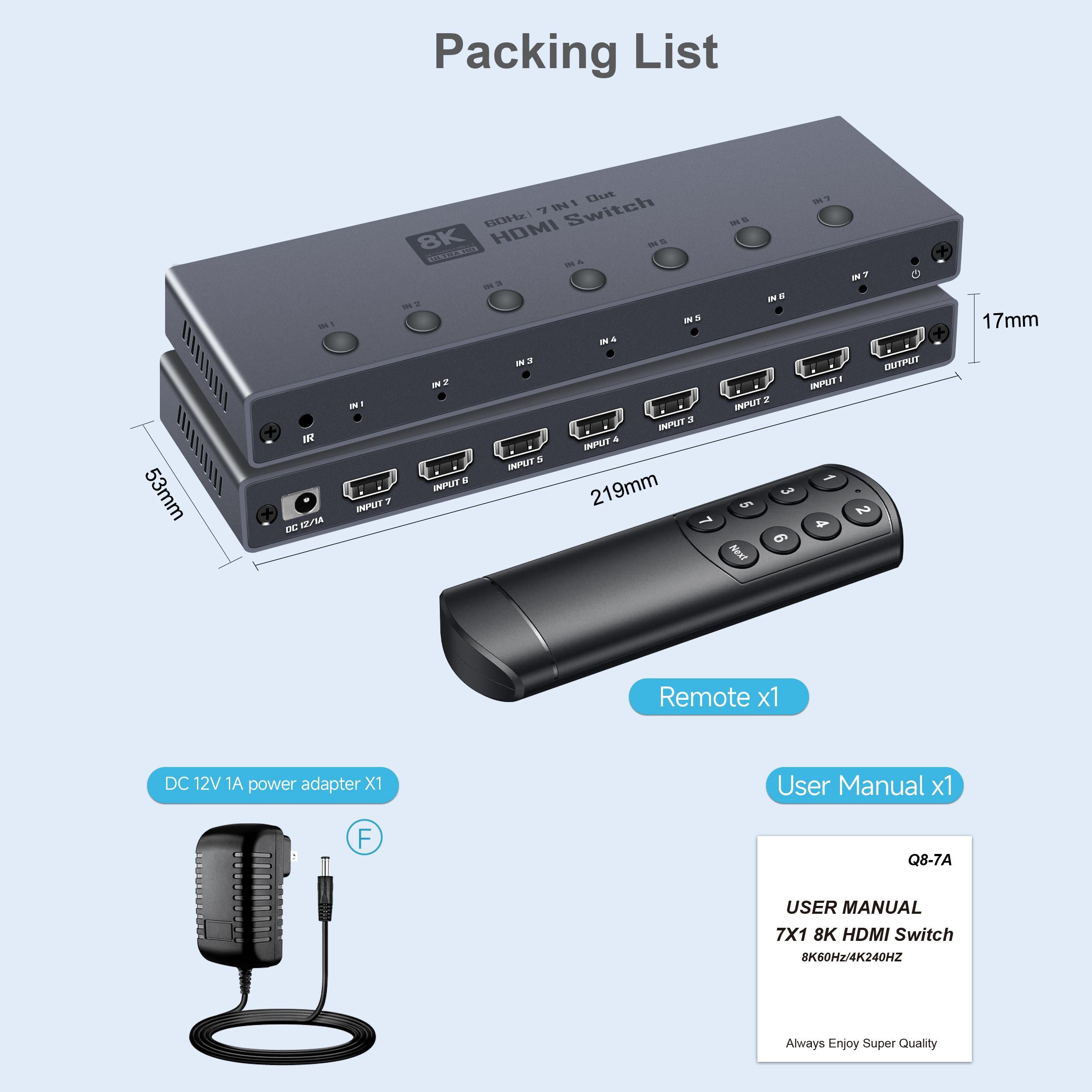 8K HDMI 2.1 Switch, HDMI 2.1 Switcher 3 In 1 Out Supports CEC 8K@60Hz, 4K@240Hz, 1080P@480Hz HDCP 2.3 HDR Dolby Atmos VRR Compatible with PS5 Xbox Blu-Ray Player with IR remote controller-EX43-A-0-BK