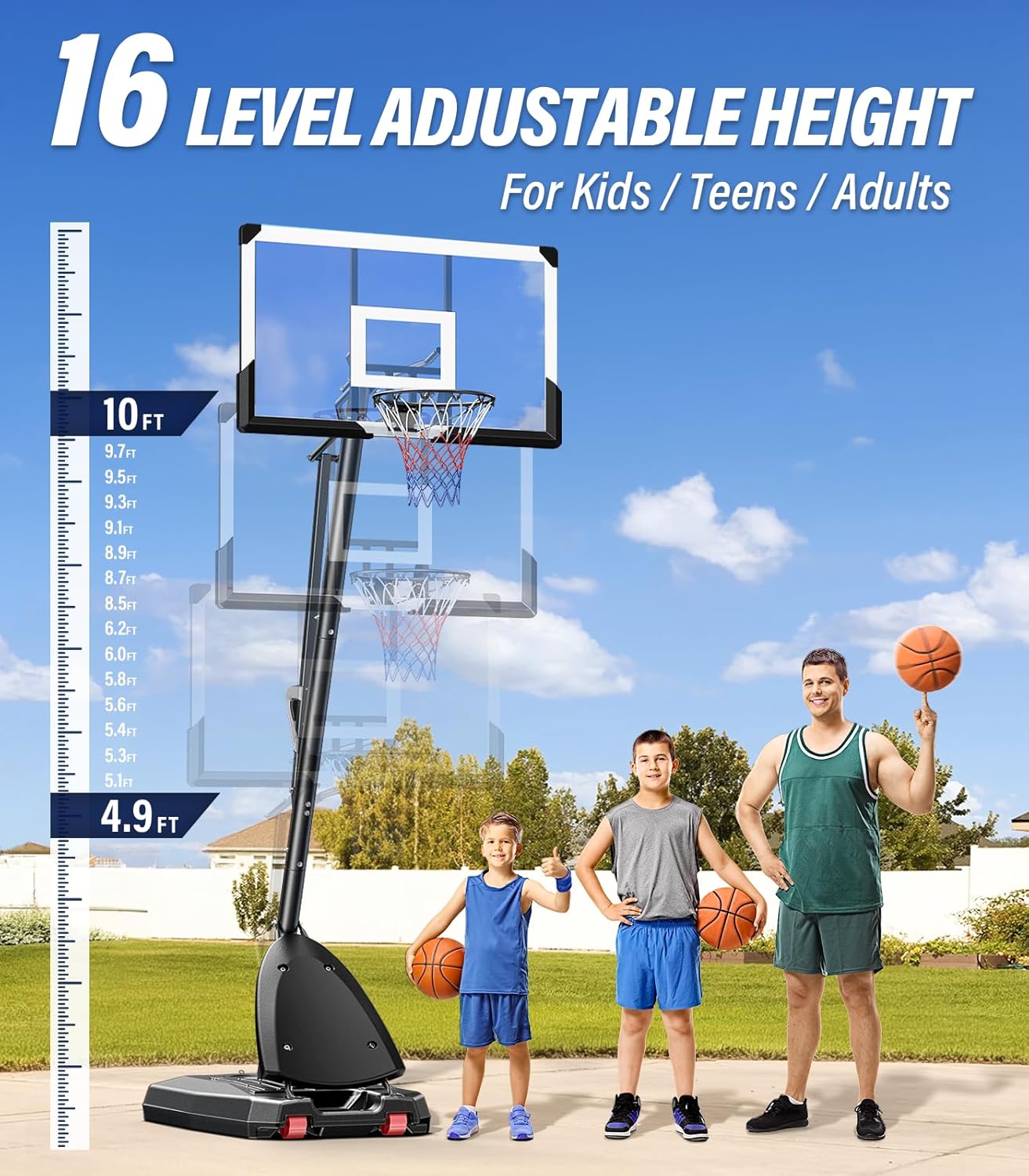 Basketball Hoop Outdoor, 4.9 - 10 ft Adjustable Height, Weather - Resistant Heavy Base and 45 Inch Shatterproof Backboard, Portable Basketball Hoop Goal System for Kids, Teenagers and Adults - QGeeM