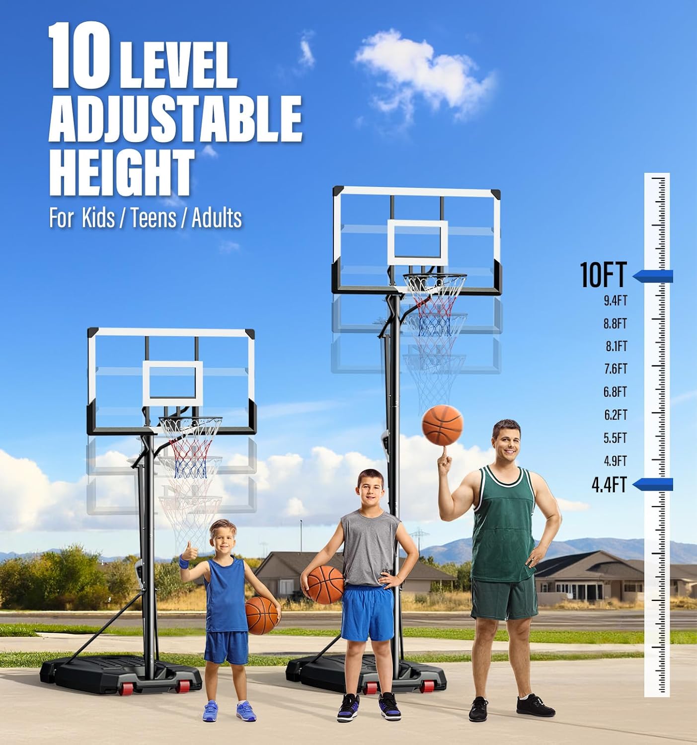 Basketball Hoop Outdoors, 4.4 - 10 ft Adjustable Height, Weather - Resistant Heavy Base and 45 Inch Shatterproof Backboard, Portable Basketball Hoop Goal System for Kids Teenagers and Adults - QGeeM