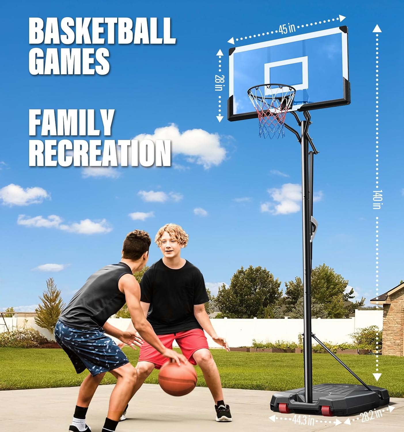 Basketball Hoop Outdoors, 4.4 - 10 ft Adjustable Height, Weather - Resistant Heavy Base and 45 Inch Shatterproof Backboard, Portable Basketball Hoop Goal System for Kids Teenagers and Adults - QGeeM
