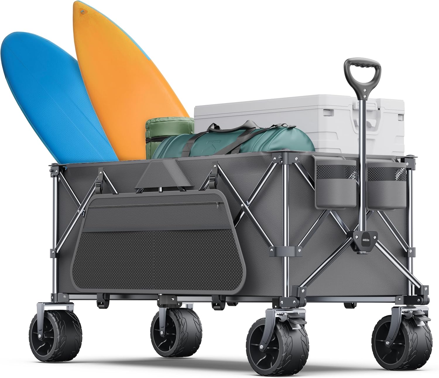 Collapsible Wagon, 440lbs Wagons Carts Foldable with Big Wheels, Heavy Duty Utility Folding Wagon for Garden Camping Grocery Beach - QGeeM